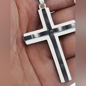 Stainless Steel Cross Pendant with Black Accents New
